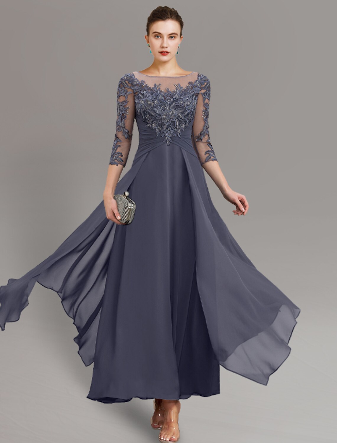 Wholesale  Sheath / Column Mother of the Bride Dress Wedding Guest Simple Elegant Jewel Neck Ankle Length Chiffon Lace 3/4 Length Sleeve with Pleats Sequin